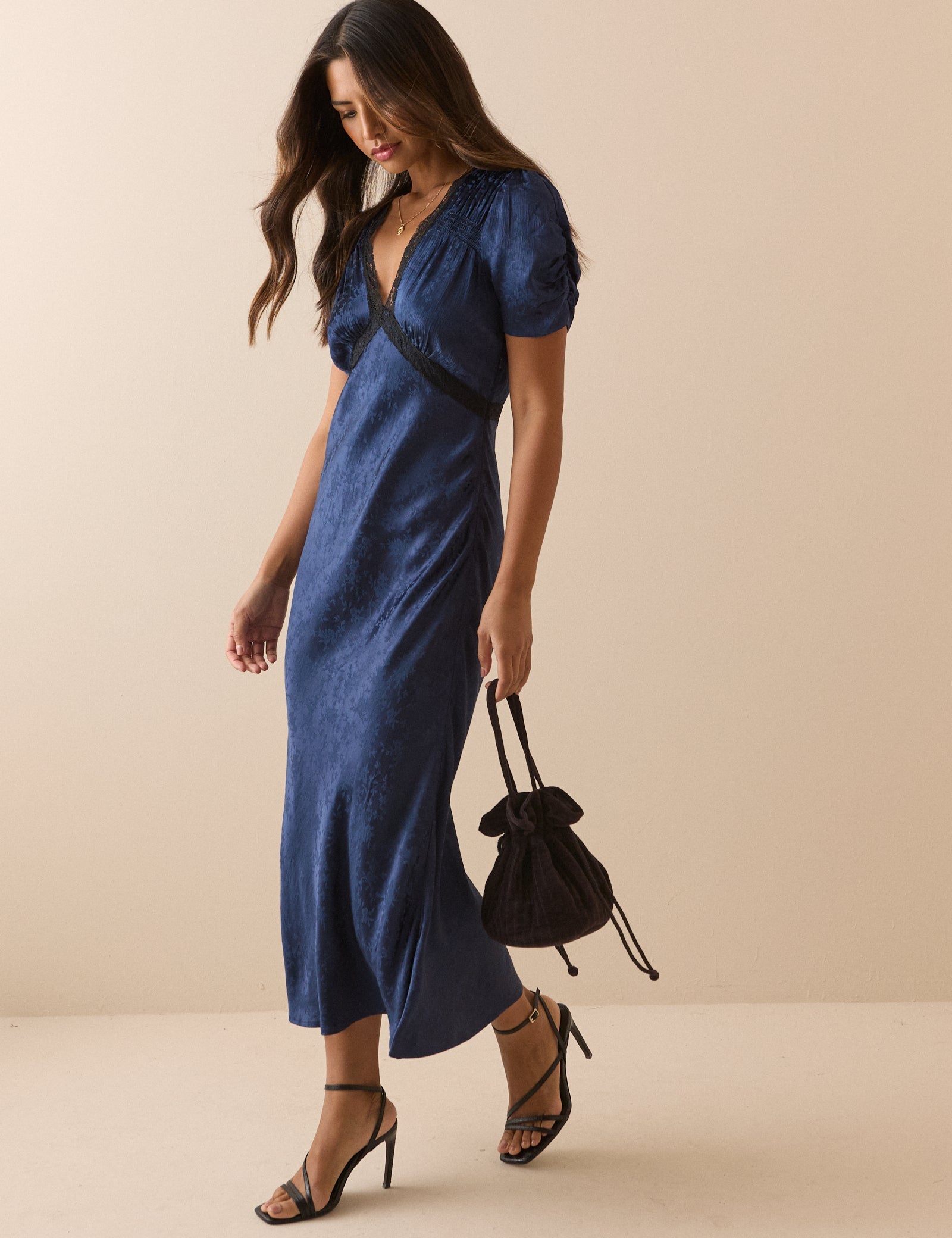 Women's Midi Dress - Navy Jacquard Floral Satin Nicolette - product view 1