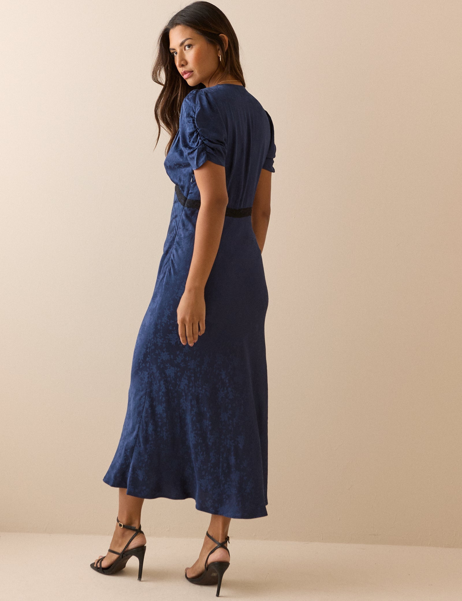 Women's Midi Dress - Navy Jacquard Floral Satin Nicolette - product view 5