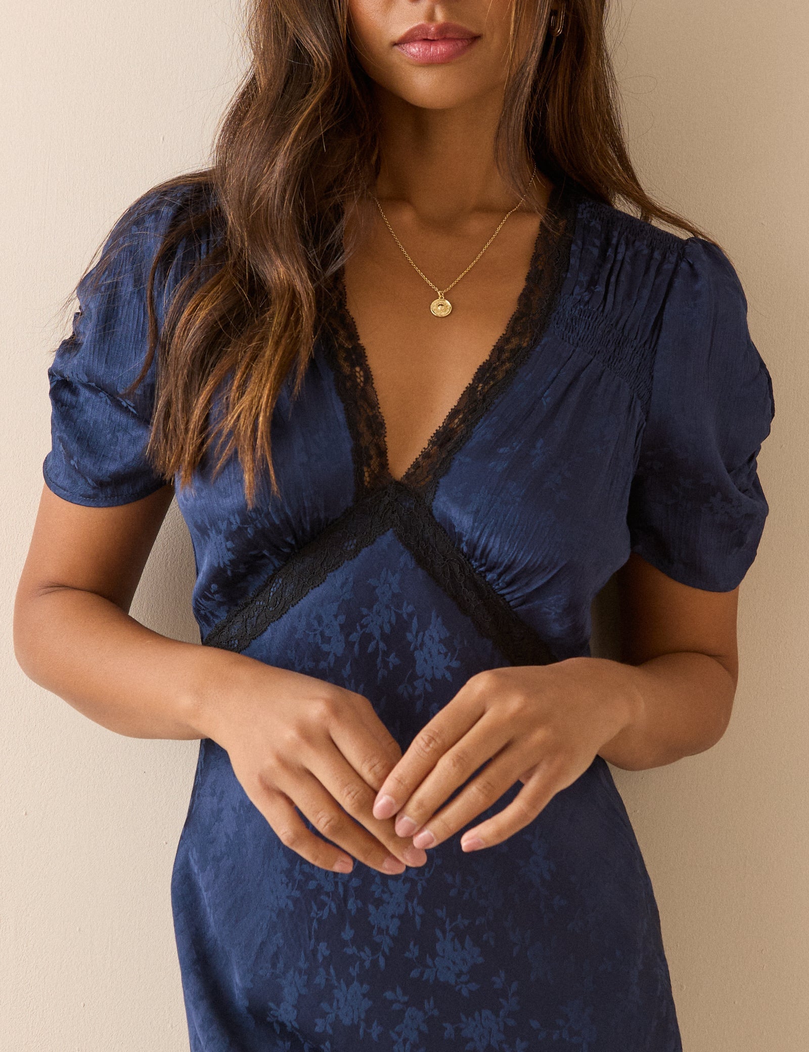 Women's Midi Dress - Navy Jacquard Floral Satin Nicolette - product view 4