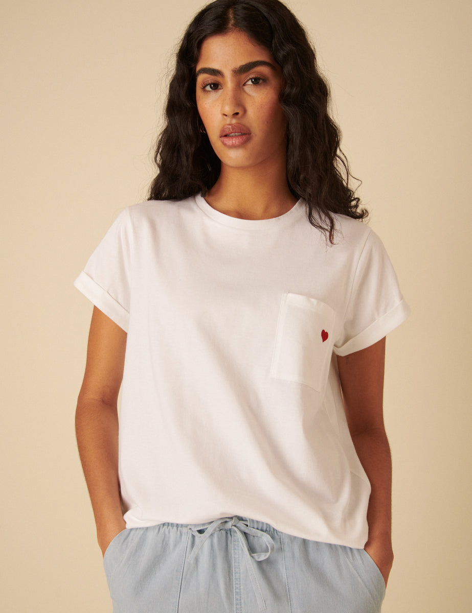 Women's T-Shirt - White Heart Embroidered - product view 2
