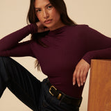 Women's Top - Burgundy Ribbed High Neck Long Sleeve - product view 1