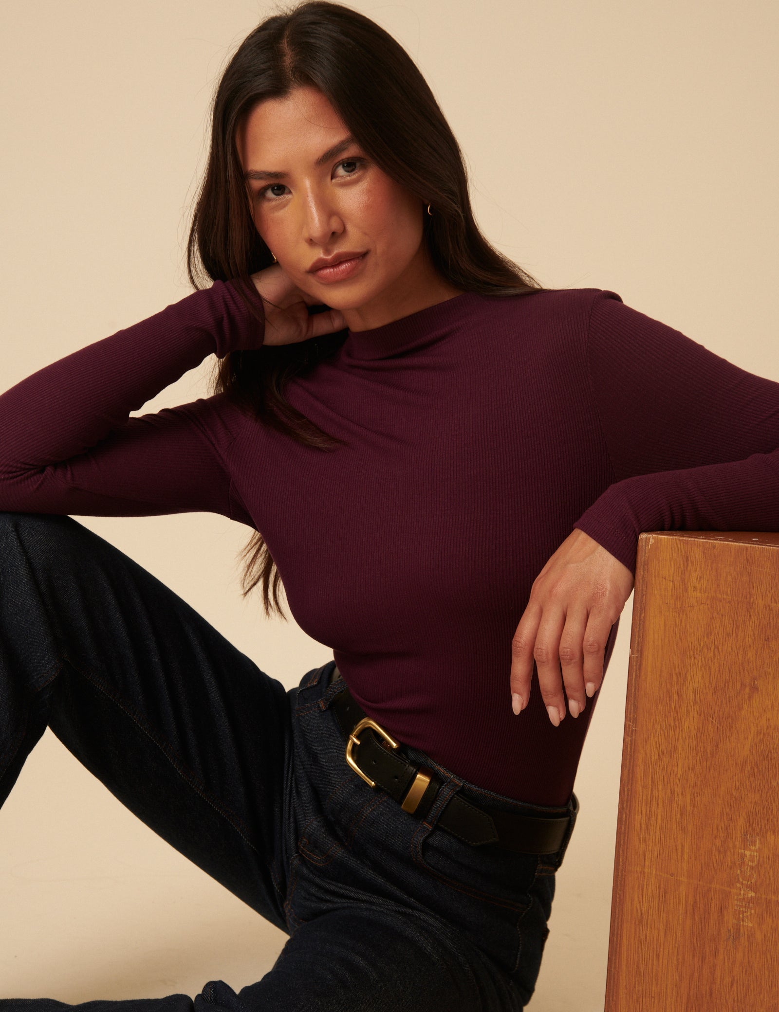 Women's Top - Burgundy Ribbed High Neck Long Sleeve - product view 1