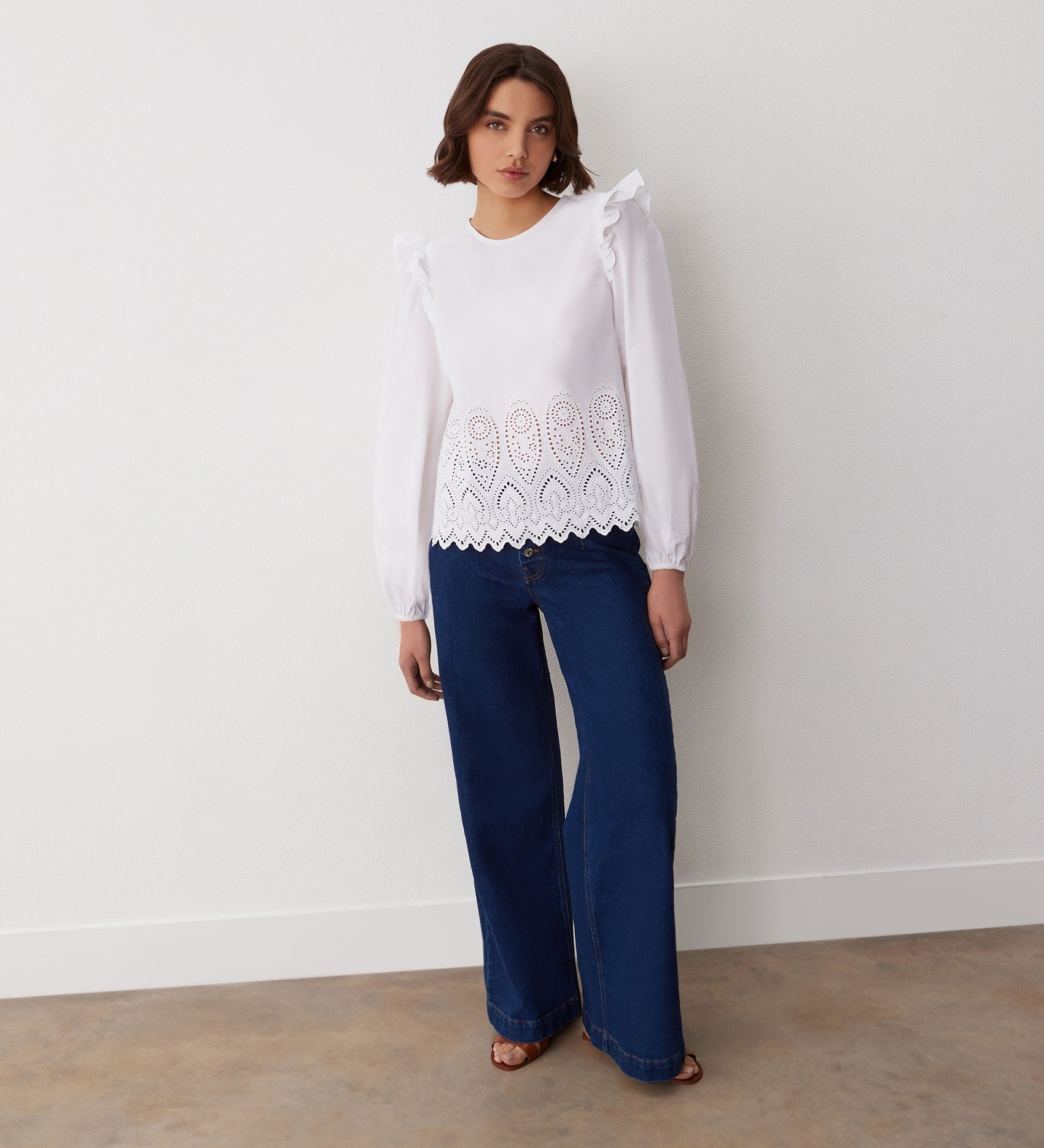 Women's Blouse - White Broderie Anglaise Cotton - Serena - product view 2