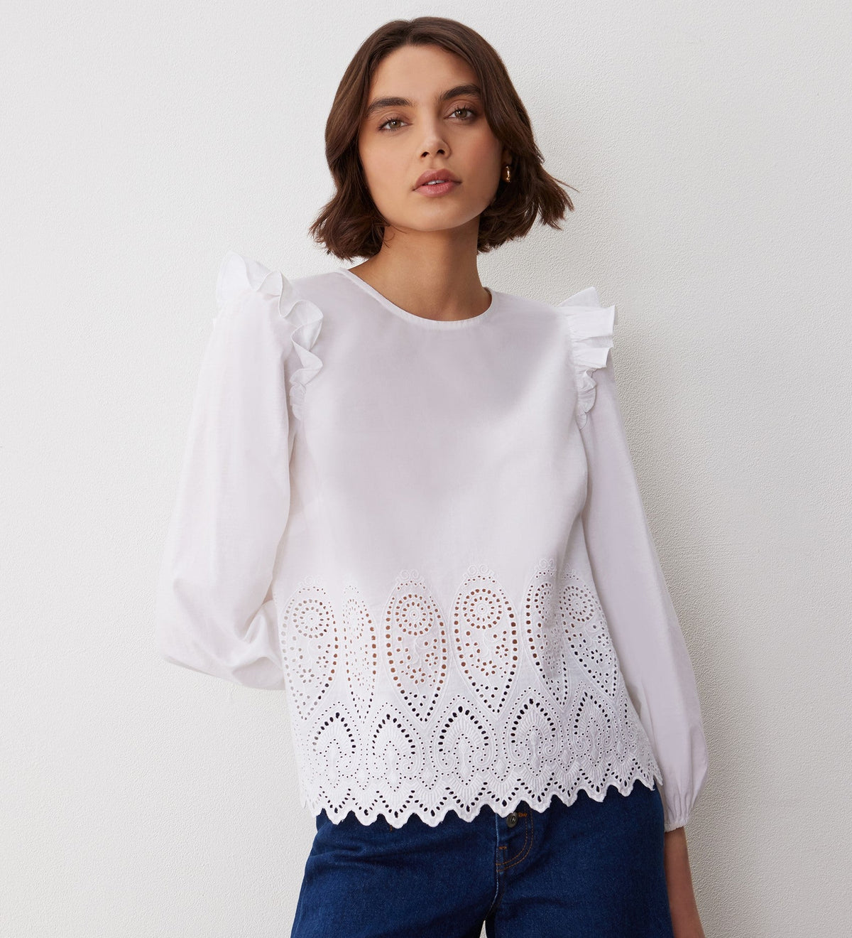 Women's Blouse - White Broderie Anglaise Cotton - Serena - product view 1