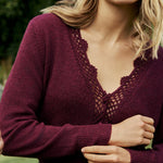 Women's Cardigan - Burgundy Crochet Trim Wool Blend Elodie - product view 2