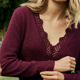 Women's Cardigan - Burgundy Crochet Trim Wool Blend Elodie - product view 2