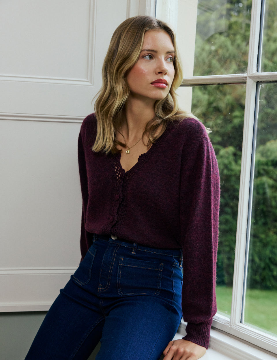 Women's Cardigan - Burgundy Crochet Trim Wool Blend Elodie - product view 1