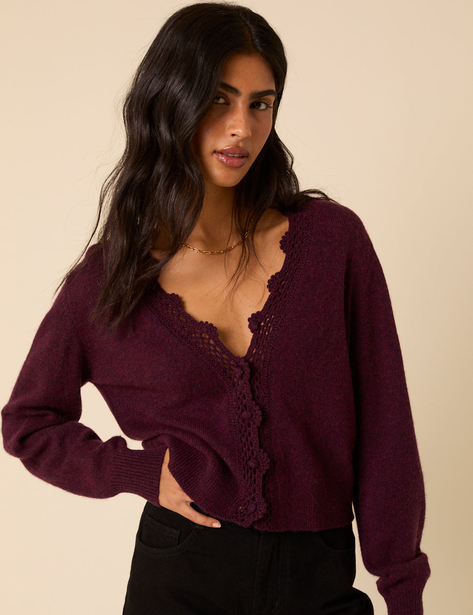 Women's Cardigan - Burgundy Crochet Trim Wool Blend Elodie - product view 3