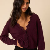 Women's Cardigan - Burgundy Crochet Trim Wool Blend Elodie - product view 3