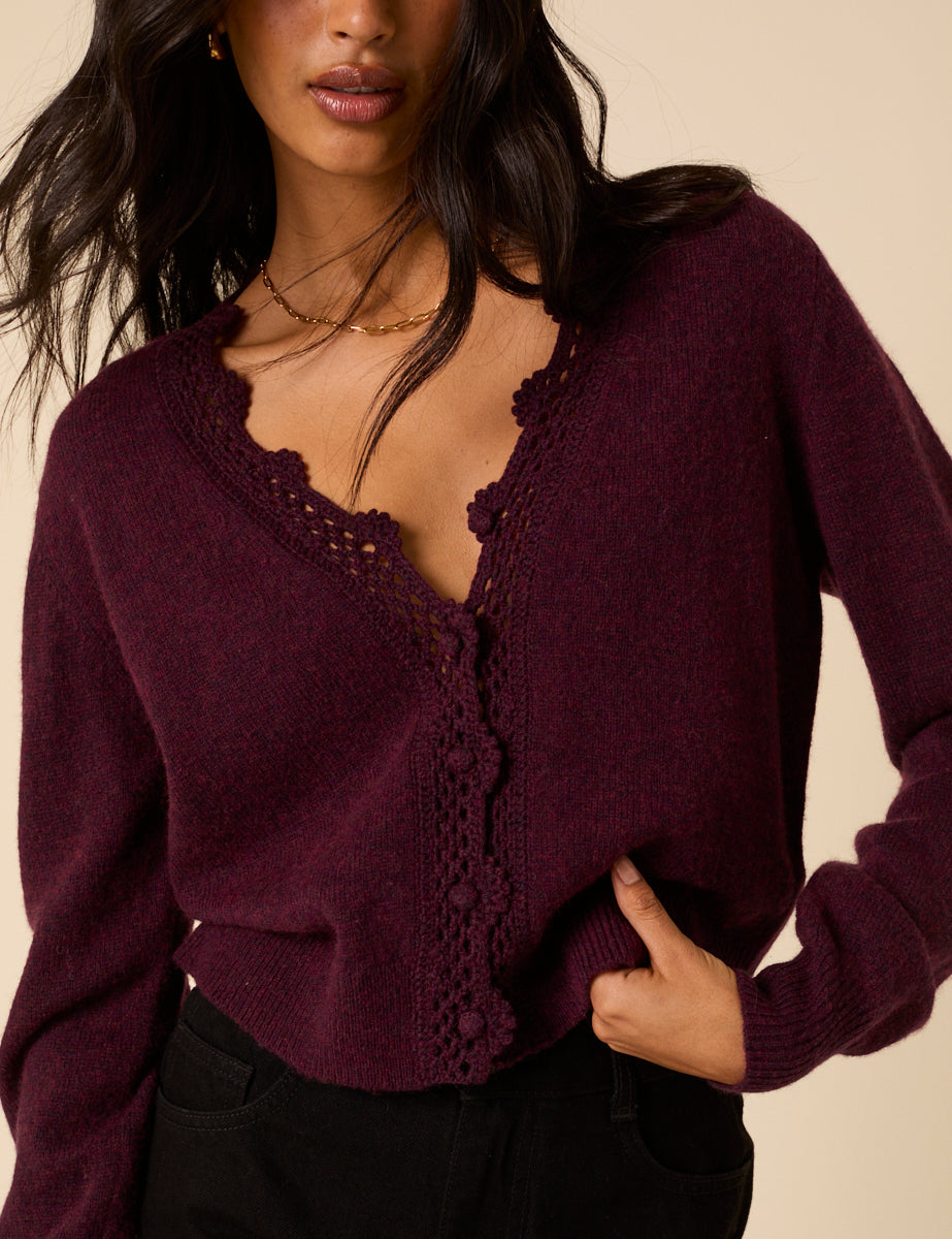Women's Cardigan - Burgundy Crochet Trim Wool Blend Elodie - product view 6