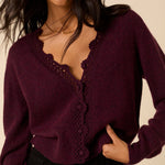 Women's Cardigan - Burgundy Crochet Trim Wool Blend Elodie - product view 6