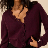 Women's Cardigan - Burgundy Crochet Trim Wool Blend Elodie - product view 6