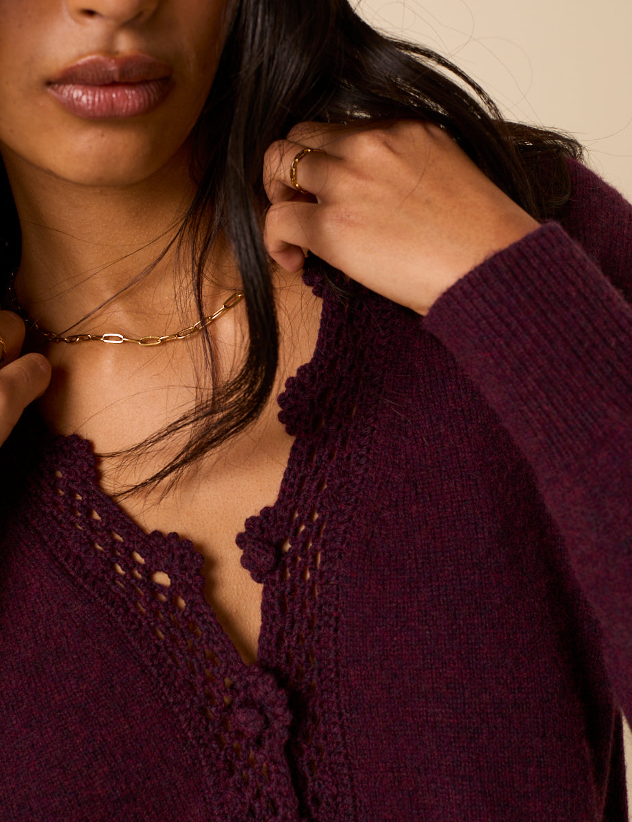 Women's Cardigan - Burgundy Crochet Trim Wool Blend Elodie - product view 4