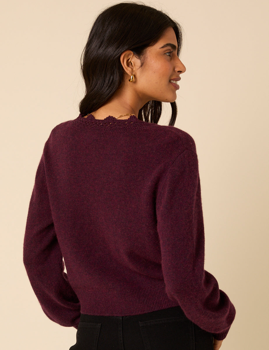 Women's Cardigan - Burgundy Crochet Trim Wool Blend Elodie - product view 5