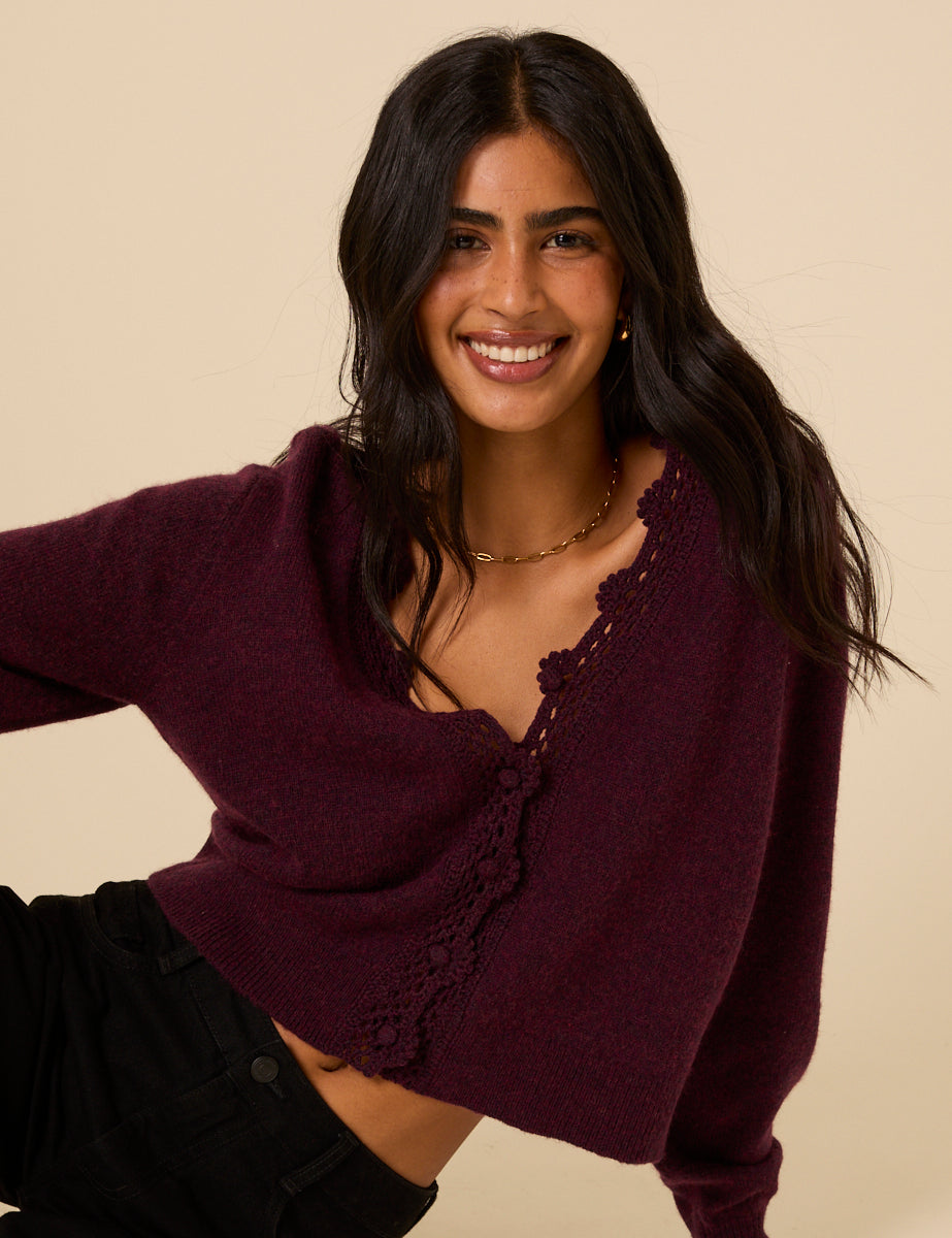 Women's Cardigan - Burgundy Crochet Trim Wool Blend Elodie - product view 7