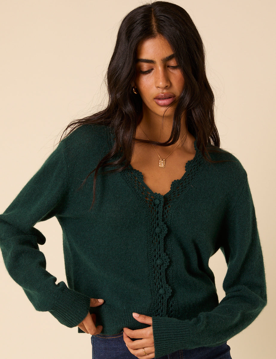 Women's Cardigan - Dark Green Wool Blend Crochet Trim Elodie - product view 2