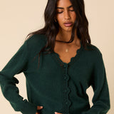 Women's Cardigan - Dark Green Wool Blend Crochet Trim Elodie - product view 2