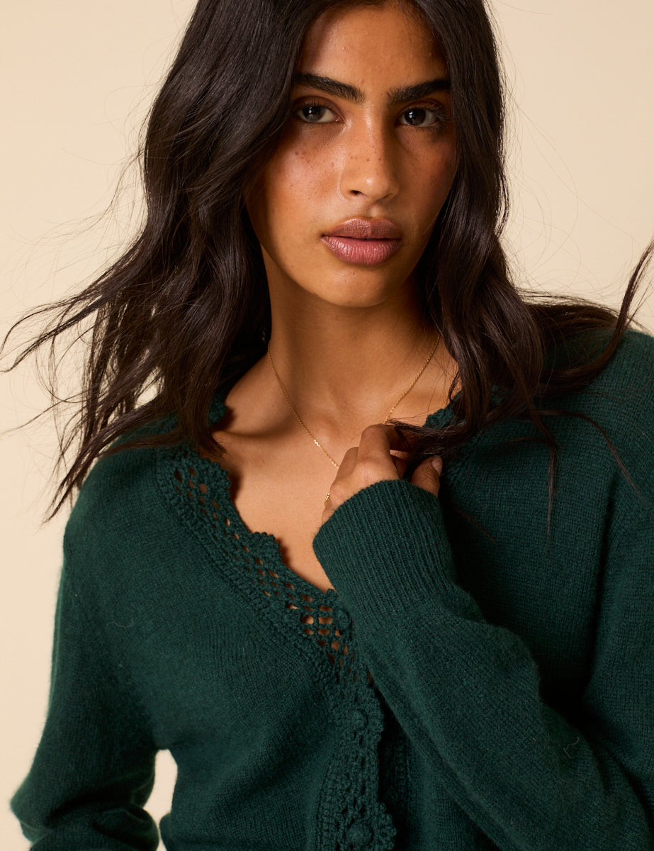 Women's Cardigan - Dark Green Wool Blend Crochet Trim Elodie - product view 1