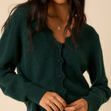 Women's Cardigan - Dark Green Wool Blend Crochet Trim Elodie - product view 3
