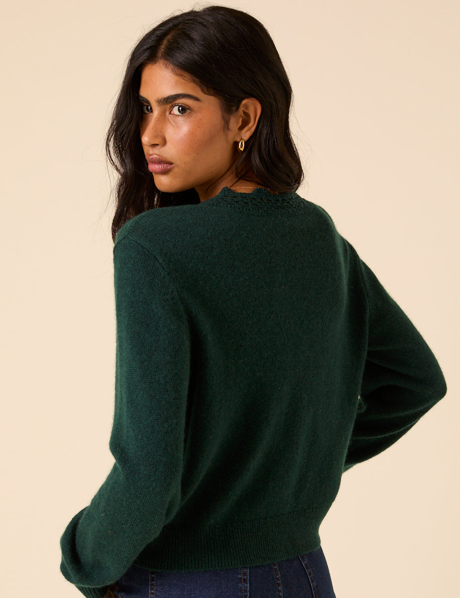Women's Cardigan - Dark Green Wool Blend Crochet Trim Elodie - product view 5