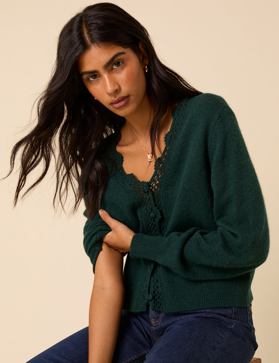 Women's Cardigan - Dark Green Wool Blend Crochet Trim Elodie - product view 4