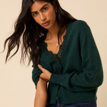 Women's Cardigan - Dark Green Wool Blend Crochet Trim Elodie - product view 4