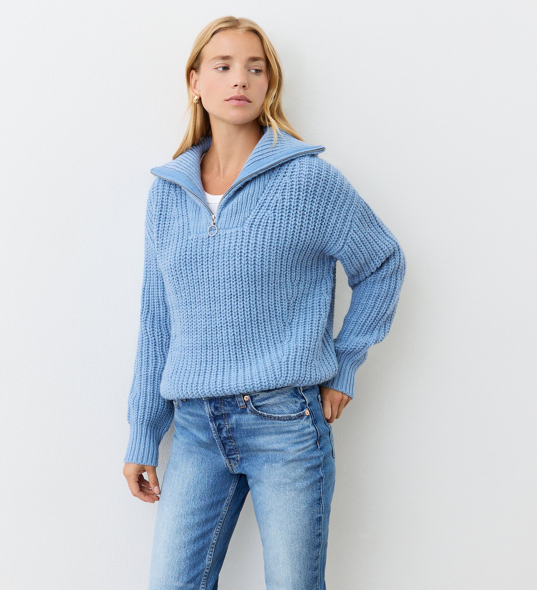Women's Jumper - Denim Blue Half Zip Funnel Neck - Wilma - product view 1