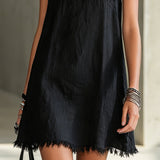 Effortless Black Slip Mini Dress for Women with V-Neck Fringe Frayed Hem