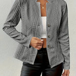 Elegant Cable Knit Cropped Jacket for Women with Stand Collar Long Sleeve Button Front Fitted Style