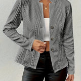 Elegant Cable Knit Cropped Jacket for Women with Stand Collar Long Sleeve Button Front Fitted Style