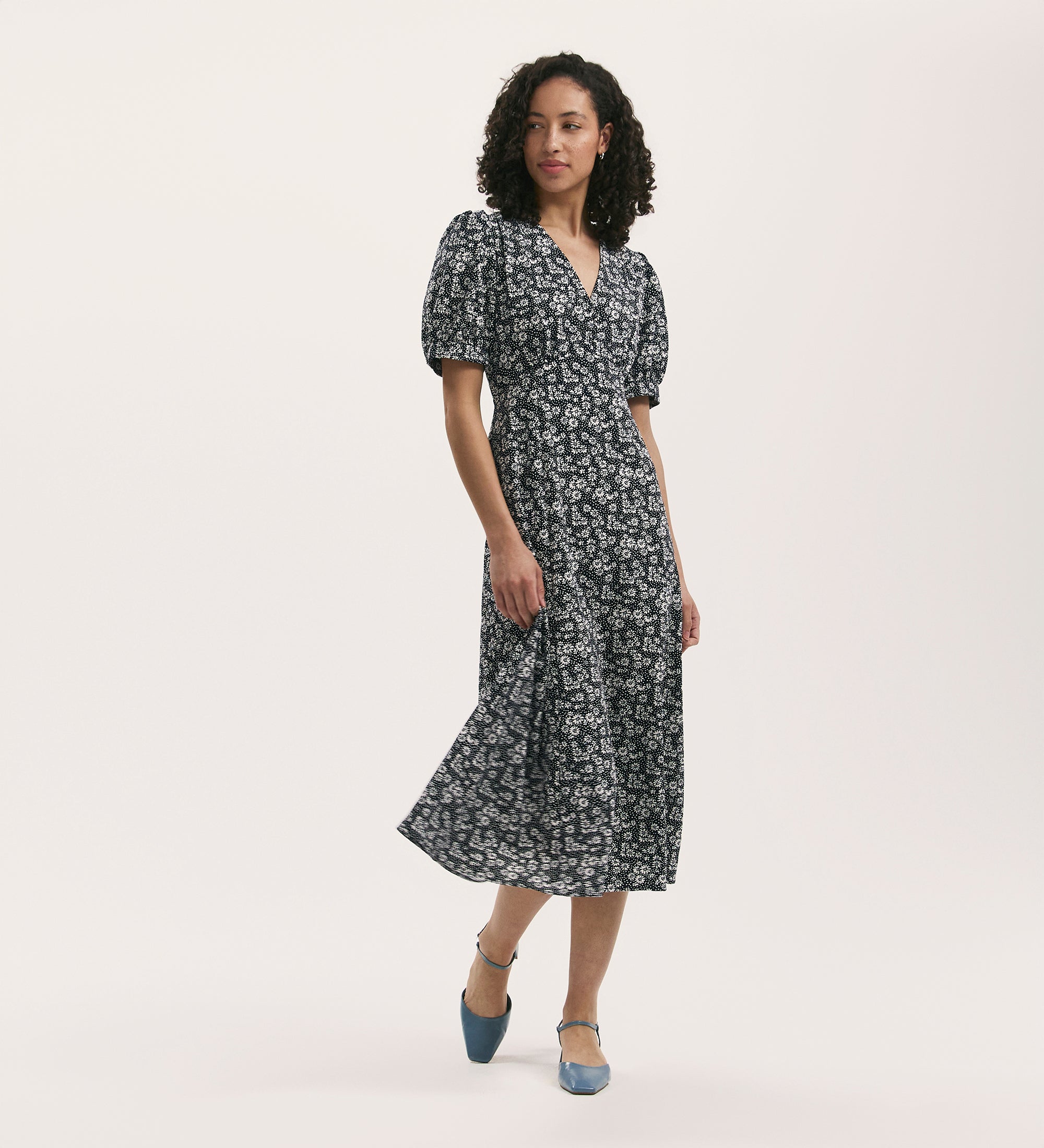 Women's Midi Dress - Navy Daisy Crepe Tea - Colette - product view 1