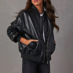 Sleek Faux Leather Bomber Jacket for Women with Stand Collar Long Sleeve Zip Up Ribbed Trim Oversized Style