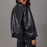 Sleek Faux Leather Bomber Jacket for Women with Stand Collar Long Sleeve Zip Up Ribbed Trim Oversized Style