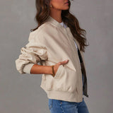 Sleek Faux Leather Bomber Jacket for Women with Stand Collar Long Sleeve Zip Up Ribbed Trim Oversized Style